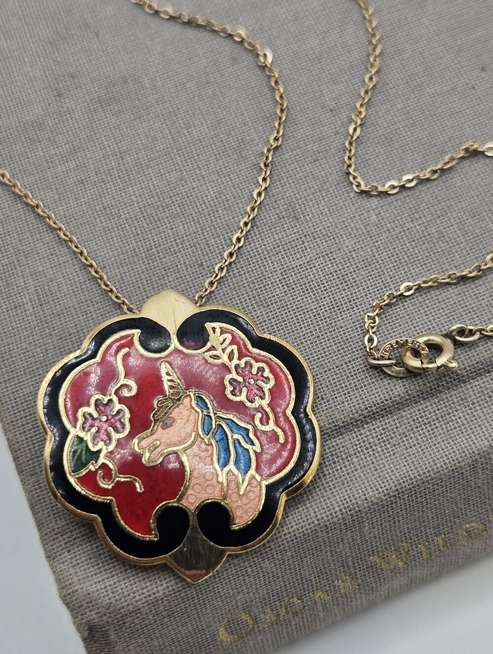 Cloisonne Enamel Unicorn Necklace Dainty Gold Tone Chain 17” Fairy Whimsical VTG